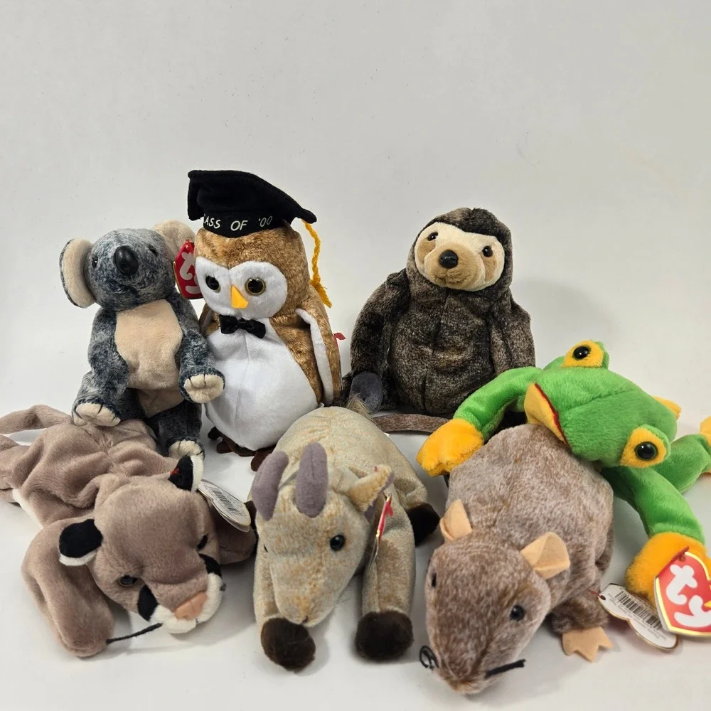 Ty Beanie Babies Lot of 7 Wise Owl Mel Koala Goatee Canyon Smoochy Slowpoke Plus